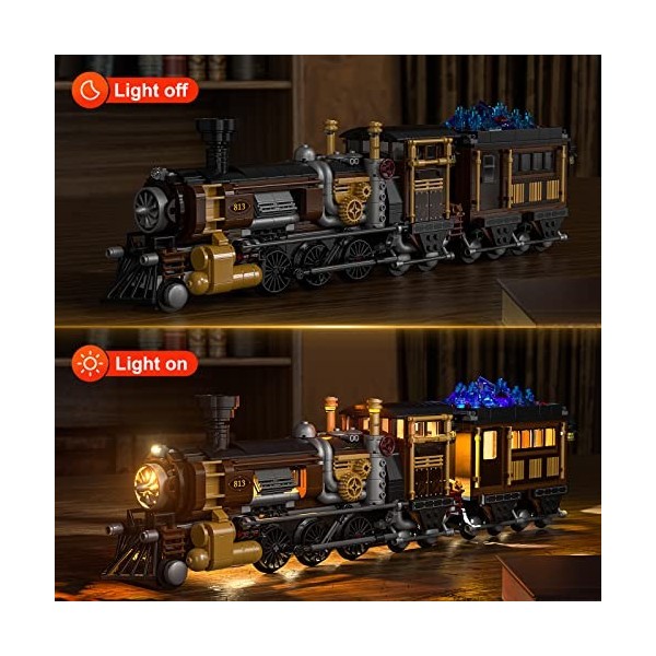 FUNWHOLE Train de Construction avec lumières LED - Jeu de Construction de Train Steampunk 1056 PCS pour Ados et Adultes avec 