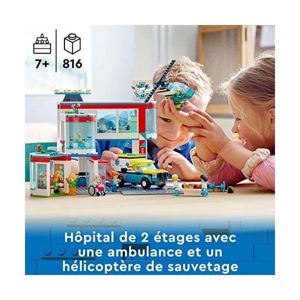 LEGO 60330 City L’Hôpital, Set de Construction, Jouet Camion d’Ambulance, Hélicoptère et 12 Minifigurines, pour Garçons et Fi