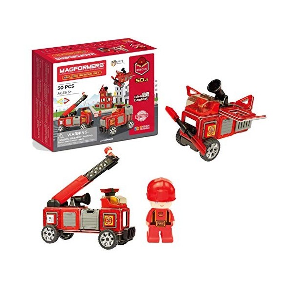 Magformers Fire Engine and Rescue Vehicle Set. Firefighters Magnetic Building Blocks Toy. Makes Over 50 Different Emergency V