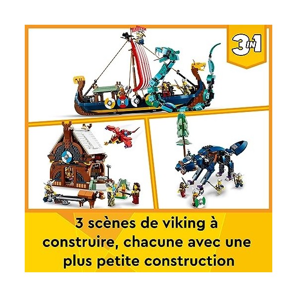 LEGO 31132 Creator 3-en-1 Le Bateau Viking et Le Serpent de Midgard: Set Transformable en Maison avec Dragon ou Loup, Jouet M