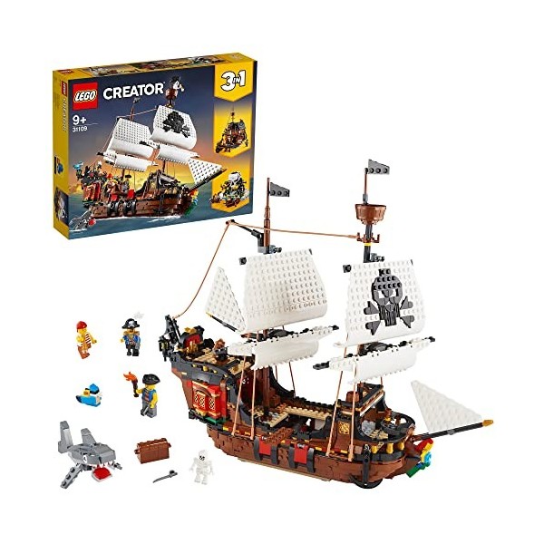 LEGO 31109 Creator Bateau Pirate 3en1: Jouet de Construction dAventure, Éducatif et Créatif, Transformable en Auberge & Île 