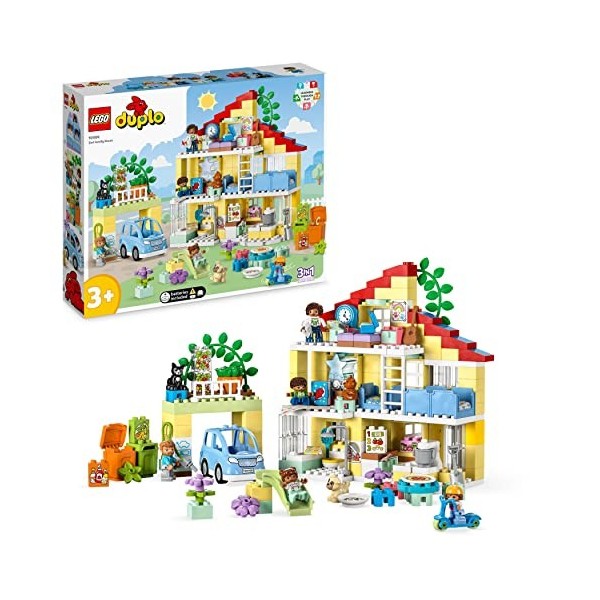 LEGO 10994 Duplo Ma Ville La Maison Familiale 3-en-1, Maison de Poupées en Briques avec Voiture, 5 Figurines, 2 Animaux et La