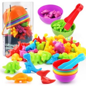 RISVOWO Jeux Montessori 2 3 4 5 Ans, Dinosaure Jouet pour Comptage et Tri, 48 Pièces Dinosaure Jouet avec Tasses et Pinces, A