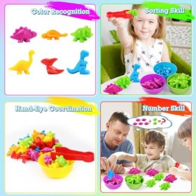 RISVOWO Jeux Montessori 2 3 4 5 Ans, Dinosaure Jouet pour Comptage et Tri, 48 Pièces Dinosaure Jouet avec Tasses et Pinces, A