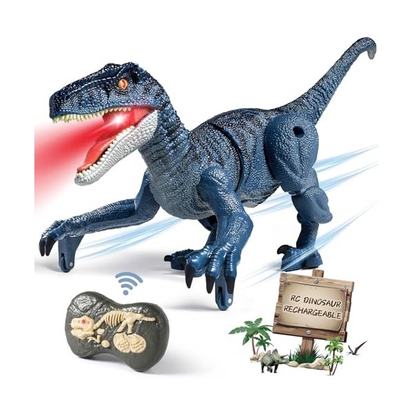 Dinosaure télécommandé, rc Dinosaure Jouet Velociraptor avec télécommande  2.4 Ghz, lumières led, marche et rugissement, cadeaux enfants à partir de 3  ans, gris