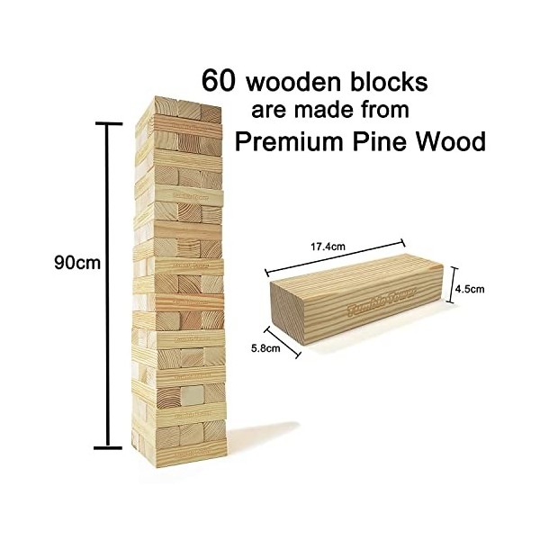 Grande tour mobile jeu en bois tour de pin - 60 blocs de construction avec sac de transport - Giant Tumble Tower Pin Wooden O