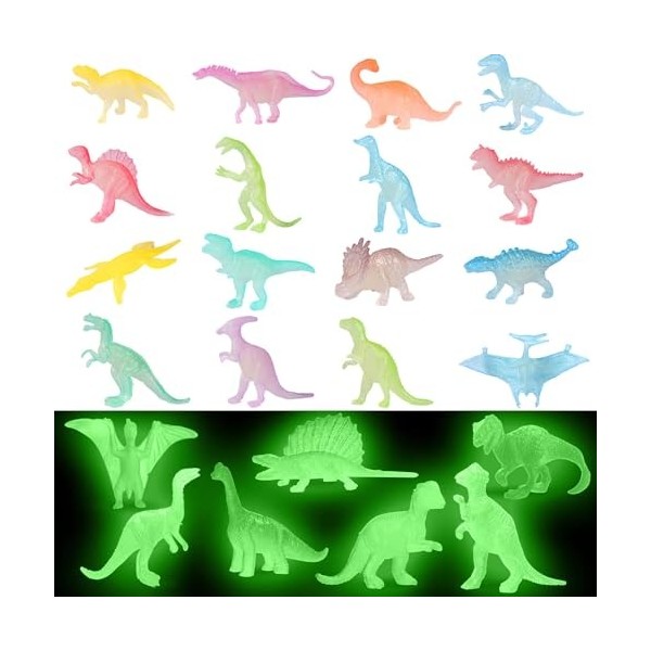 Lot de 16 figurines de dinosaures lumineuses, petits cadeaux de fête phosphorescents, figurines réalistes de petits dinosaure