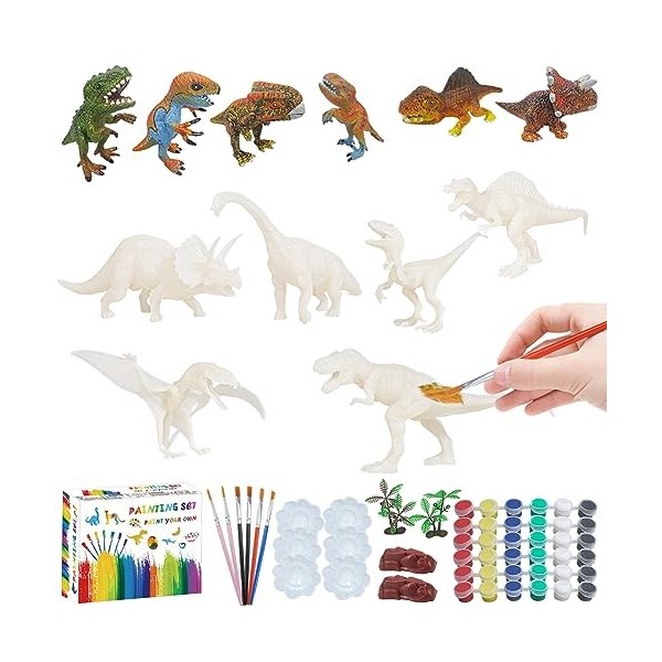 RANJIMA Kit de peinture dinosaure pour enfants - Jouet 3D avec 12 figurines de dinosaures à peindre et à bricoler - Cadeau po