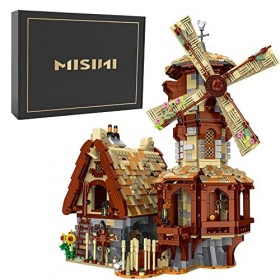 MISINI Mork Technique 033009 Moulin à vent médiéval Grand modèle de maison MOC Jouet de construction pour adultes et adolesce