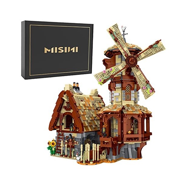 MISINI Mork Technique 033009 Moulin à vent médiéval Grand modèle de maison MOC Jouet de construction pour adultes et adolesce