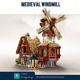 MISINI Mork Technique 033009 Moulin à vent médiéval Grand modèle de maison MOC Jouet de construction pour adultes et adolesce