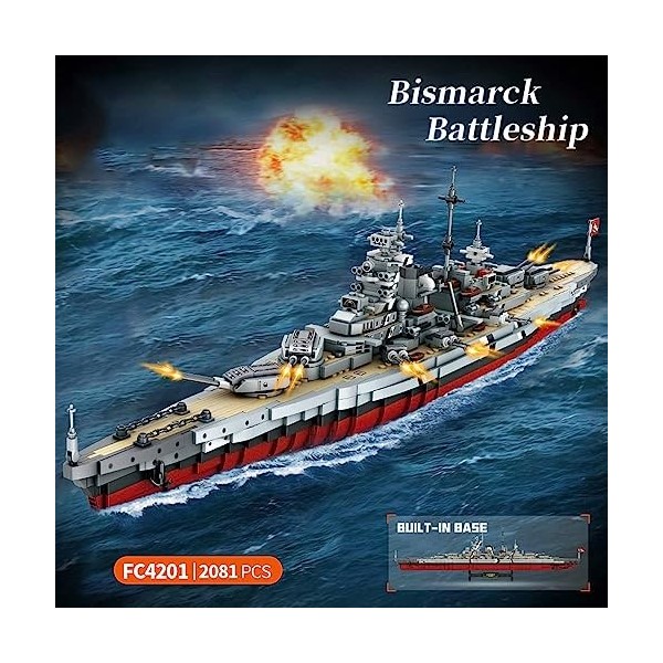 Briques de construction Technique Battleship, 2081 Briques de serrage Technique Kit de modélisation de bateau, WW2 Militaire 