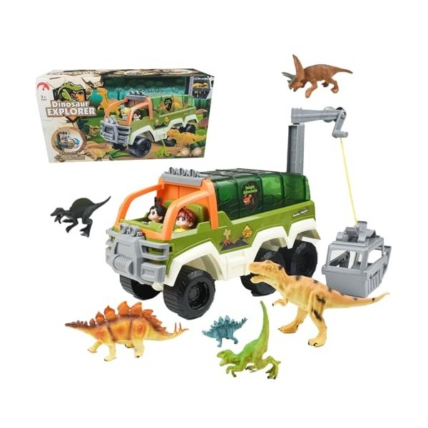 Kikuo Big Truck Voiture de dinosaure avec petit dinosaure, 7 figurines de dinosaures réalistes, camion dinosaure, transporteu