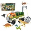 Kikuo Big Truck Voiture de dinosaure avec petit dinosaure, 7 figurines de dinosaures réalistes, camion dinosaure, transporteu