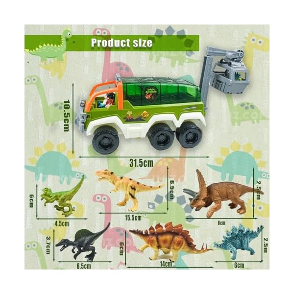 Kikuo Big Truck Voiture de dinosaure avec petit dinosaure, 7 figurines de dinosaures réalistes, camion dinosaure, transporteu