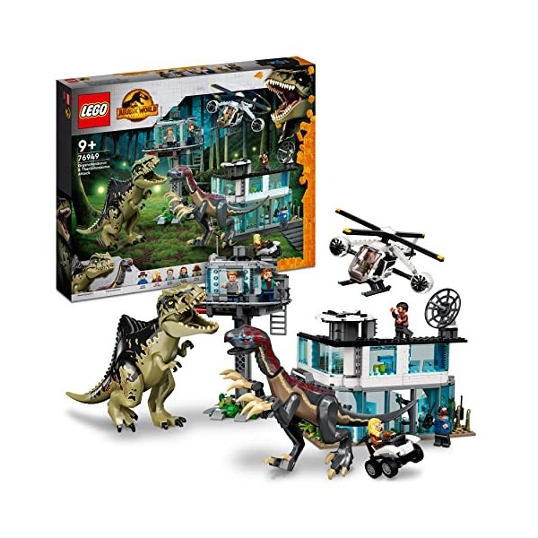 LEGO 76949 Jurassic World L’Attaque du Giganotosaurus et du Therizinosaurus, Jouet de Garage avec Hélicoptère et Figurine de 