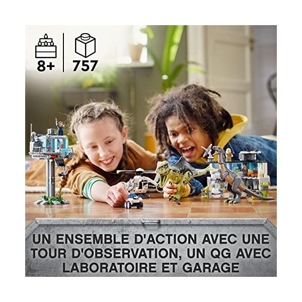 LEGO 76949 Jurassic World L’Attaque du Giganotosaurus et du Therizinosaurus, Jouet de Garage avec Hélicoptère et Figurine de 