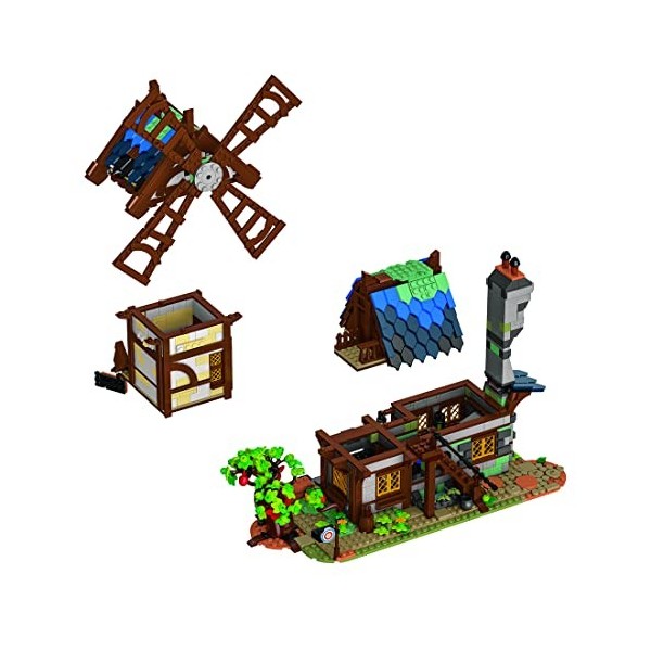 AMOC Moulin à vent médiévale modulaire 1824 pièces + scène de rue - Kit de construction avancé - Compatible avec Lego 21325