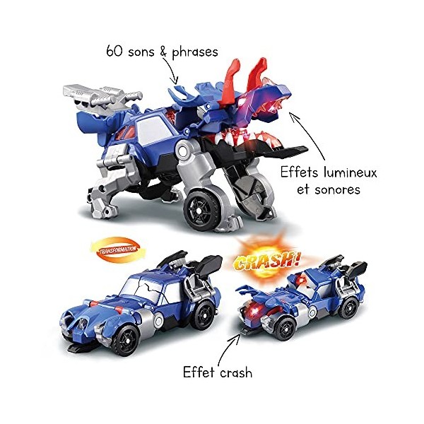 VTech - Switch & Go Dinos Crash, Dinosaure Sonore Kaops, le Tricératops, Jouet 2 en 1 Transformable en Voiture de Course, Bat