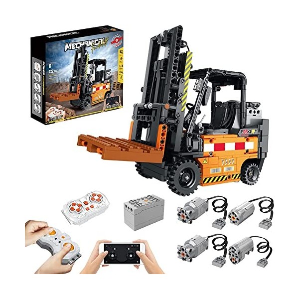 Technik RC Chariot élévateur Lourd, 722 pièces Ensemble de Blocs de Construction 2,4 G RC/APP Chariot élévateur avec 4 Motos,