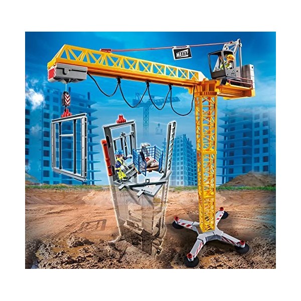 Playmobil 70441 Grue Radio-commandée avec Mur de Construction- City Action - La Construction- La Vie de Chantier Grue