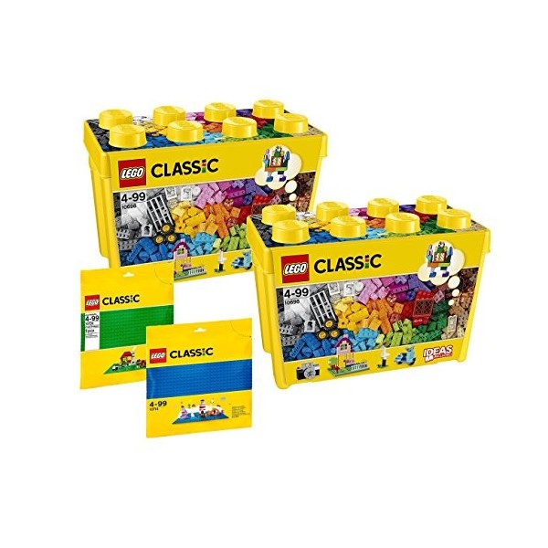 Lego Super-Maxi-Set: 2 x 10698 Boîte de Briques créatives Deluxe + 10700 La Plaque de Base Verte + 10714 La Plaque de Base Bl
