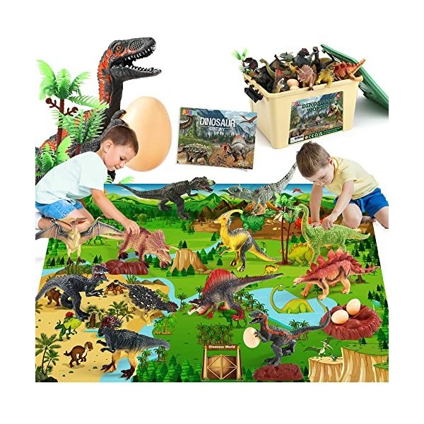 FRUSE Dinosaure Jouet avec 145x98cm Tapis,12 Pièces de Figurine de Finosaure Réalistes avec T-Rex,Carnotaurus,Boîte de Rangem