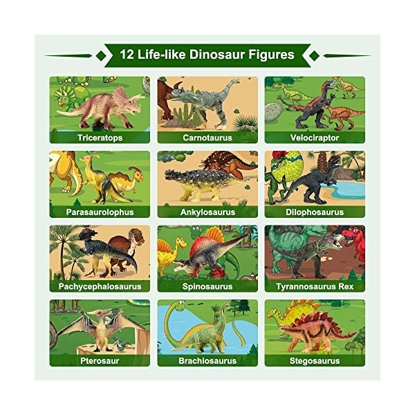 FRUSE Dinosaure Jouet avec 145x98cm Tapis,12 Pièces de Figurine de Finosaure Réalistes avec T-Rex,Carnotaurus,Boîte de Rangem