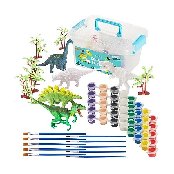 THE TWIDDLERS Kit Dinosaure 26 Pièces: 5 Figurines Dino, 5 Ensembles de Peintures 8 Couleurs Chacune , 10 Pinceaux & 5 Arbre