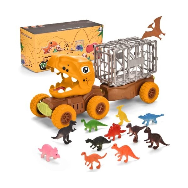 Jouets de Camion de Dinosaure pour Enfants de 2 à 5 Ans, Camion de Transport de Voiture T-Rex avec 12 Figurines Dino, Ensembl