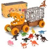 Jouets de Camion de Dinosaure pour Enfants de 2 à 5 Ans, Camion de Transport de Voiture T-Rex avec 12 Figurines Dino, Ensembl
