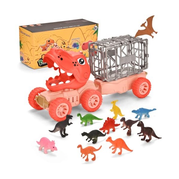 Jouets de Camion de Dinosaure pour Enfants de 2 à 5 Ans, Camion de Transport de Voiture T-Rex avec 12 Figurines Dino, Ensembl