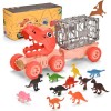 Jouets de Camion de Dinosaure pour Enfants de 2 à 5 Ans, Camion de Transport de Voiture T-Rex avec 12 Figurines Dino, Ensembl