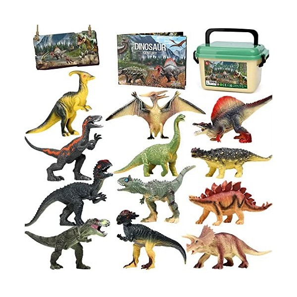 FRUSE Dinosaure Jouet,12 Pcs Grandes Réaliste Figurine Dinosaure avec T-Rex,Seau de Stockage,Livre Dinausaures,Dinosaure Cade