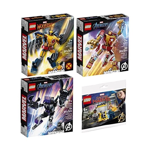 BRICKCOMPLETE Lego 76202 Wolverine Mech, 76203 Iron Man Mech, 76204 Black Panther Mech & 30453 Captain Marvel et Nick Fury