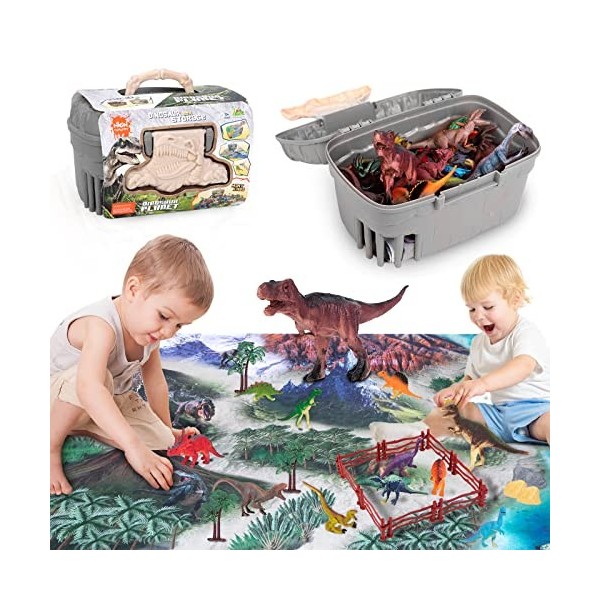 Xbesttoy Jouet Dinosaure avec Tapis de Jeu, Contient 19 Figurines de Dinosaures Tyrannosaurus Rex, etc. 30 Accessoires Arb