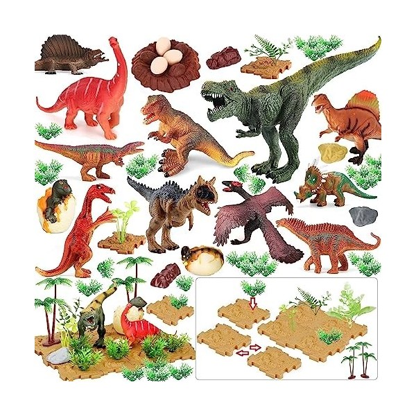 Boderam 85 PCS réaliste Dinosaure poupée Console de Jeu, Puzzle Dinosaure Jouet gâteau Top avec Floret Plantes fossiles Puzzl