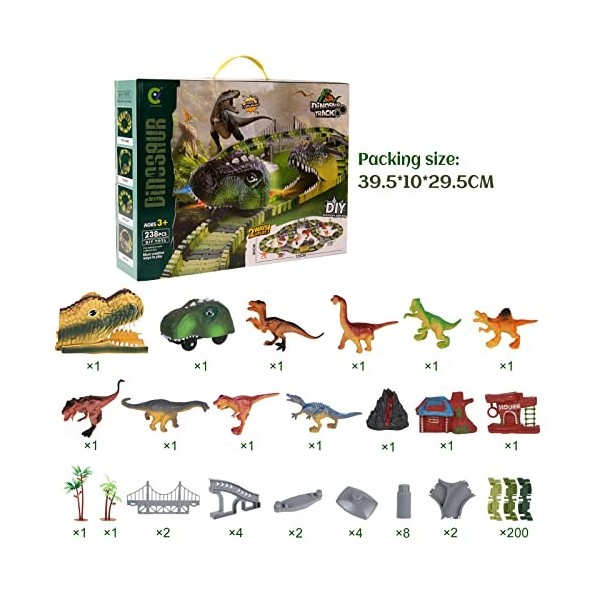 Wodasi Pistes de Jouets de Dinosaures, Ensemble de Jeu de 238 Pistes de Course de Dinosaures avec 1 Voitures de Chemin de Fer