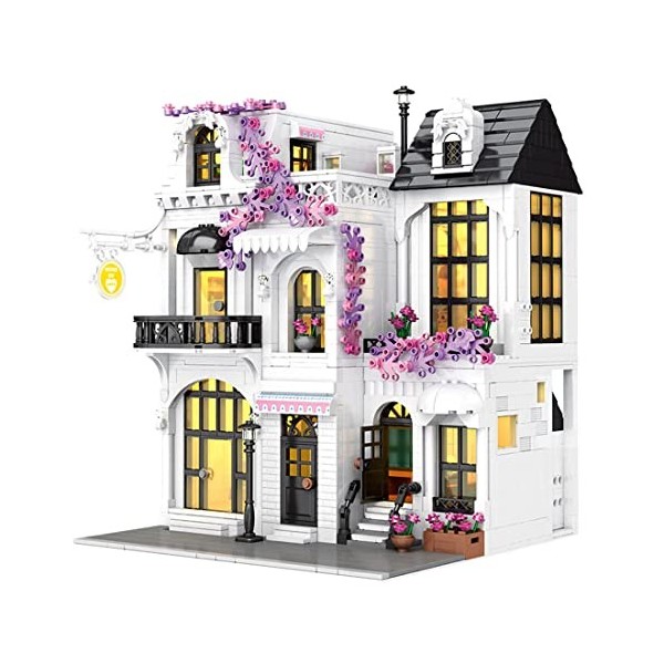 Ponam 3716 Pièces Jeu de Construction, Europe Fleur Rue Maison avec lumière LED, Architecture Maison de Ville, Modular Buildi