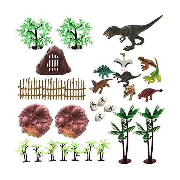 Taken All Lot de 30 jouets dinosaures réalistes - Arbres, rochers, œufs, nid - Idéal pour garçons et filles