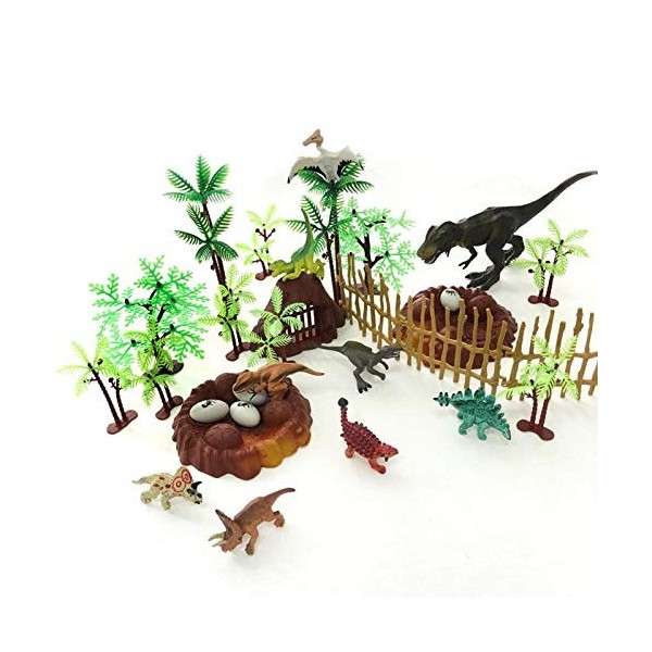 Taken All Lot de 30 jouets dinosaures réalistes - Arbres, rochers, œufs, nid - Idéal pour garçons et filles