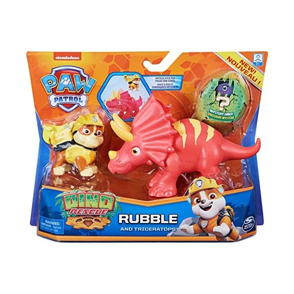 PAW PATROL PatPatrouille Mission Dino - Ensemble de Figurines Rubble et Un Dinosaure, pour Enfants à partir de 3 Ans