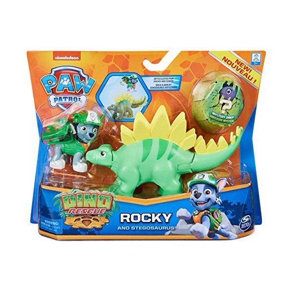 PAW PATROL Dino Rescue Ensemble de Figurines Rocky et Un Dinosaure pour Enfants à partir de 3 Ans