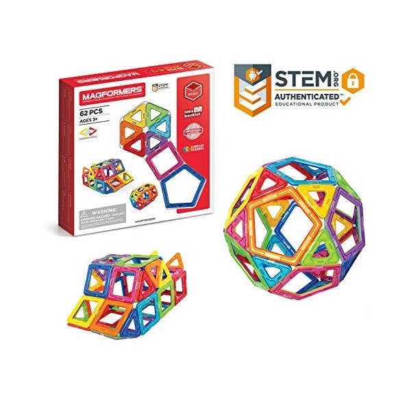 Magformers Basic 62pcs Set - Jeu de Construction magnétique pour Enfant - Jeu éducatif de Formes Multicolores aimantées - 62 
