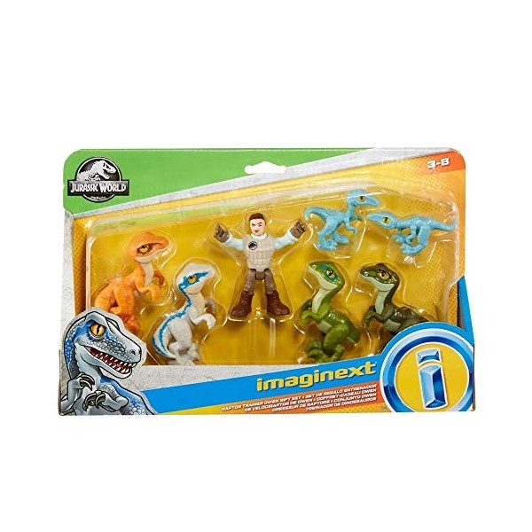 Imaginext Jurassic World Raptor Trainer Owen Coffret cadeau – Édition collectible-Comprend une figurine Owen et 6 figurines d