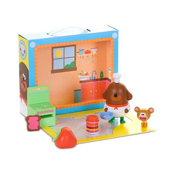 Hey Duggee Jeu de Cuisine Duggee avec Figurines de Jeu, Ensemble de Figurines de Jeu en déplacement, Toile de Fond en Carton 