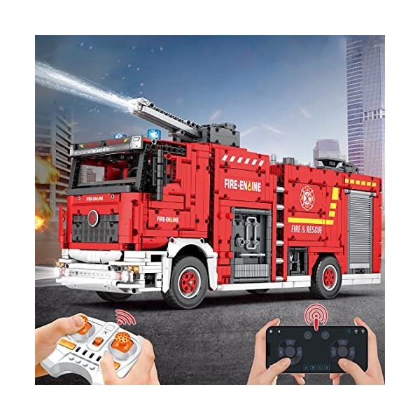 LAKIN Briques de construction de camion de pompiers technique, 2,4 GHz/APP RC modèle de camion, compatible avec Lego, 2888 pi
