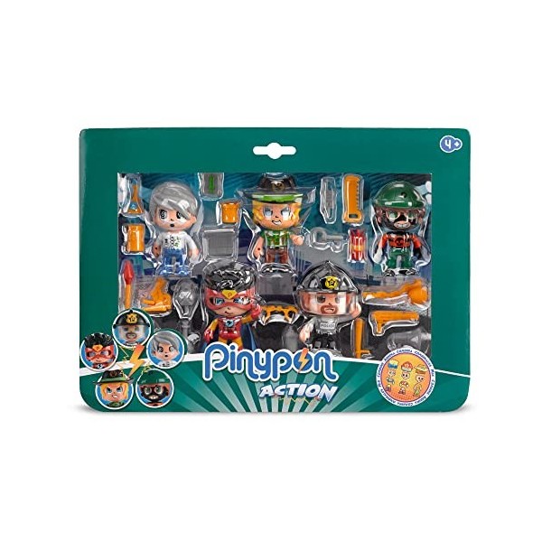 Pinypon Action- Pack de 5 figurines, Police, Super-héros, Scientifique, Voleur et Aventurier, Multicolore Famosa 700014490 