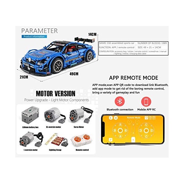 WangSiwe Technic Car Building Set Pour Amg C63 Dtm Racing Car, 2.4G Rc Race Car Construction Set Avec Moteurs, 1900 Pièces Bl