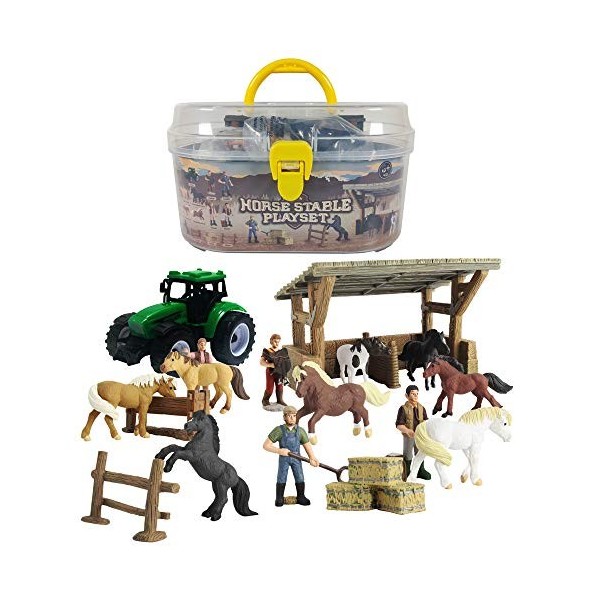 GreenKidz DINOBROS Horse Stable Playset Jouets pour garçons et Filles âgés de 3 Ans et Plus Comprend 8 Chevaux et Accessoires